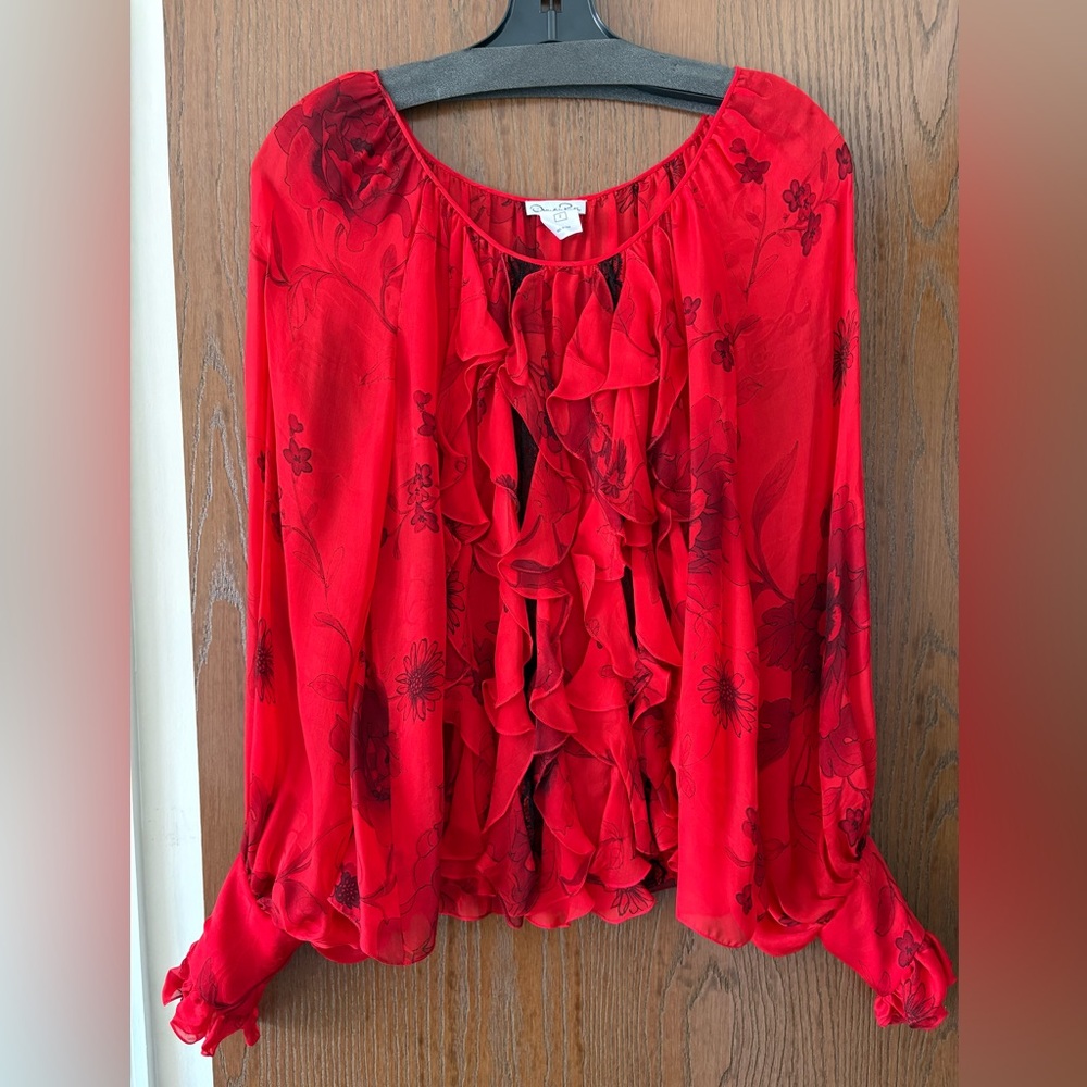 OSCAR DE LA RENTA Silk Floral Ruffle Blouse